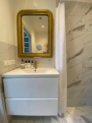 a bathroom with a white sink and a mirror at Vondelpark Suite in Amsterdam