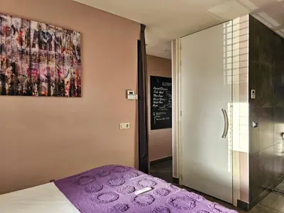 a bedroom with a bed and a painting on the wall at Zandvoort at Home I Free parking & Airco in Zandvoort