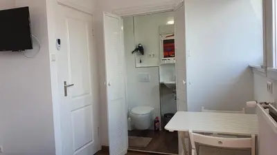 a small bathroom with a toilet and a white door at Guesthouse Zandvoort in Zandvoort