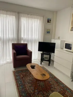 a living room with a chair and a television at De Vuurdoorn in Bergen