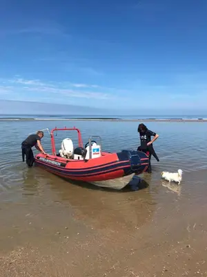 two people and a dog in the water next to a boat at De Vuurdoorn in Bergen