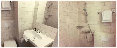two pictures of a bathroom with a sink and a shower at Hotel The Exchange in Amsterdam