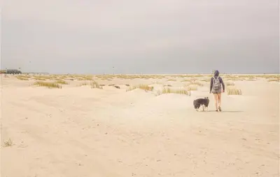 a woman walking a dog on the beach at Huisje Zand En Water in Egmond aan Zee