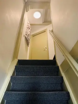 a stairwell with a blue carpeted staircase with a yellow door at Amsterdam Central Guest House in Amsterdam