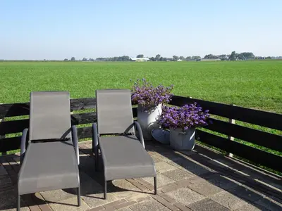 two chairs and flowers on a fence with a field at Molenzicht in Sint Maarten