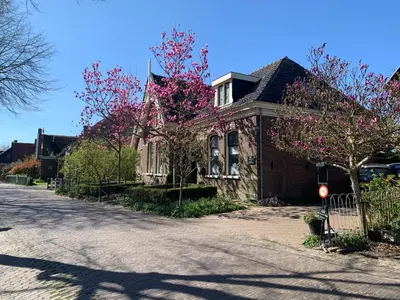a house with pink flowering trees in front of a street at Het Twiscker Huys in Twisk