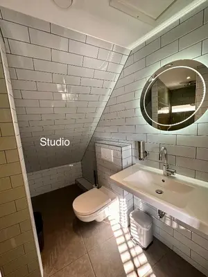 a bathroom with a sink and a toilet and a mirror at Appartementen in het centrum van Hoorn in Hoorn