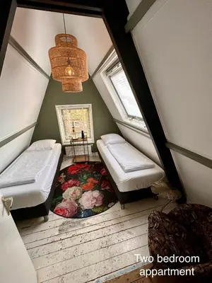 an attic room with two beds and a window at Appartementen in het centrum van Hoorn in Hoorn