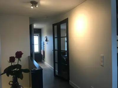 a hallway with a mirror and a vase with a plant at Pakhuis 5 in Katwijk aan Zee