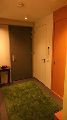 a room with a green door and a green rug at Studio Black Jack in Amsterdam