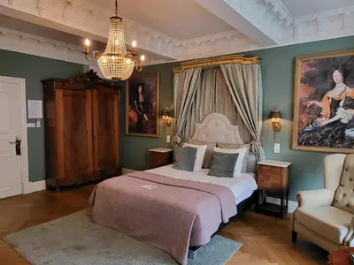 a bedroom with a bed and a chair and a chandelier at Boutique Hotel Huys van Leyden in Leiden