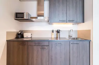 a kitchen with wooden cabinets and a sink at Radisson Hotel & Suites Amsterdam South in Amstelveen