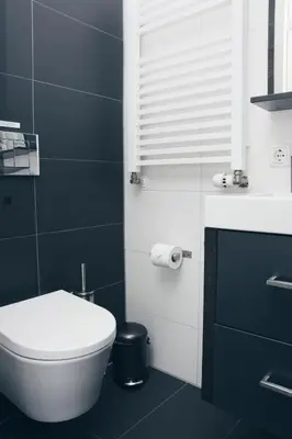 a black and white bathroom with a toilet and a sink at Canal House Inn in Amsterdam