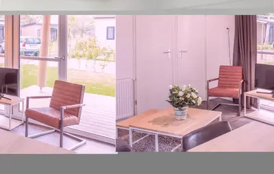 two pictures of a living room with chairs and a table at Markermeerzicht in Bovenkarspel