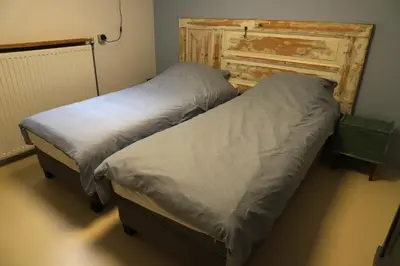 two twin beds in a room with a fireplace at de Ark in Schoorl