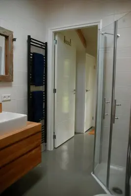 a bathroom with a shower and a sink and a mirror at de Ark in Schoorl
