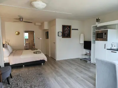 a bedroom with a bed and a kitchen with a television at Yuki in Zandvoort