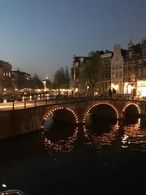 a bridge with lights over a river at night at Milkhouse Luxury Stay Amsterdam in Amsterdam