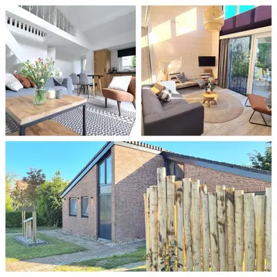 three pictures of a living room and a house at At the Dunes in Egmond aan den Hoef