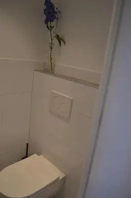 a bathroom with a toilet and a vase with a plant at Behind the Beach in Zandvoort