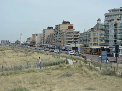 a man standing on a fence in front of a city at Bungalow in Noordwijk near Lake & Beach in Noordwijkerhout
