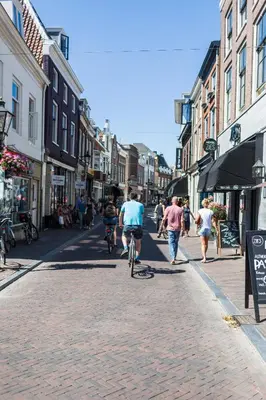 a group of people riding bikes down a street at De Hoendervorst in Utrecht