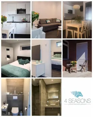 a collage of four pictures of a room at 4 Seasons Zandvoort in Zandvoort