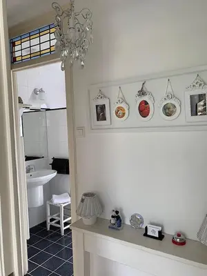 a bathroom with a sink and a counter with plates on the wall at Bed & Breakfast Jo Amsterdam in Amsterdam