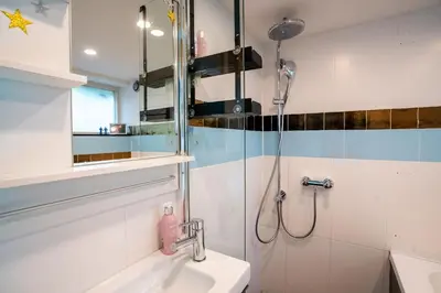 a bathroom with a shower and a sink at Newly renovated houseboat The Waterhouse in Amsterdam