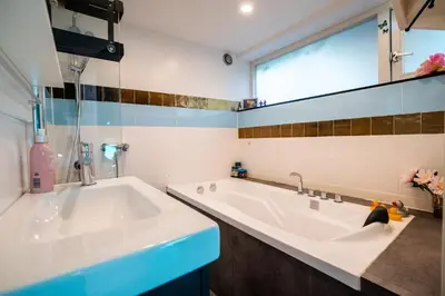 a bathroom with a large sink and a large mirror at Newly renovated houseboat The Waterhouse in Amsterdam