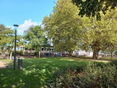 a park with trees and a light pole in the grass at Newly renovated houseboat The Waterhouse in Amsterdam