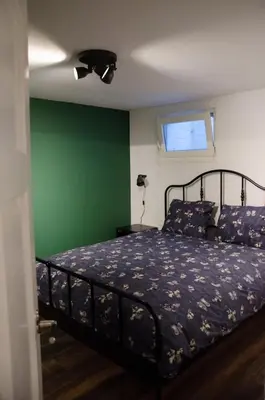 a bedroom with a bed and a green wall at Dorpsplein Appartement in Zandvoort