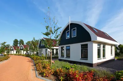 a house with a black and white roof at Europarcs Koningshof in Schoorl