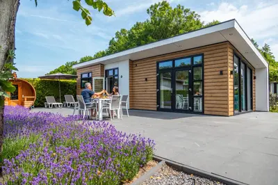 a modular home with a patio and purple flowers at EuroParcs Noordwijkse Duinen in Noordwijk aan Zee