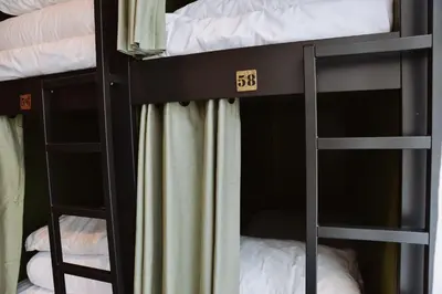 two bunk beds in a room with a window at Durty Nelly's Inn in Amsterdam