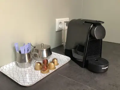 a counter top with a coffee maker and a microwave at Atelier Zonnehoek in Bergen