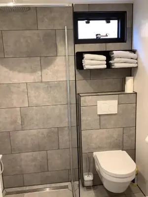 a bathroom with a toilet and a window and towels at Atelier Zonnehoek in Bergen