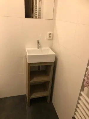 a bathroom with a white sink and a mirror at Lodge in Noordwijk