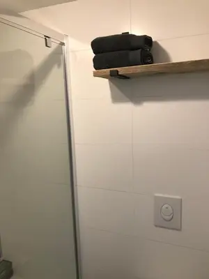 a bathroom with a shower and towels on a shelf at Lodge in Noordwijk