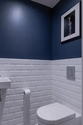 a bathroom with a white toilet and a blue wall at The Blossom House Amsterdam in Amsterdam