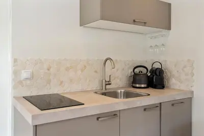 a kitchen counter with a sink and a tea kettle at Flamingo Beach Apartments in Zandvoort
