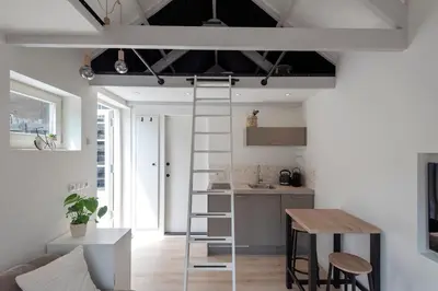 a loft apartment with a ladder and a kitchen at Flamingo Beach Apartments in Zandvoort