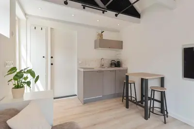 a kitchen and living room with a table and chairs at Flamingo Beach Apartments in Zandvoort