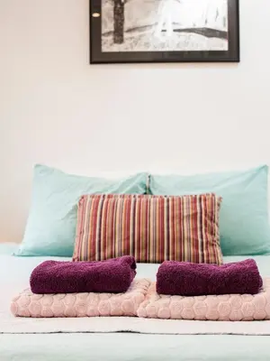 a bed with two purple pillows on top of it at Kuwadro Guesthouse Centrum in Amsterdam