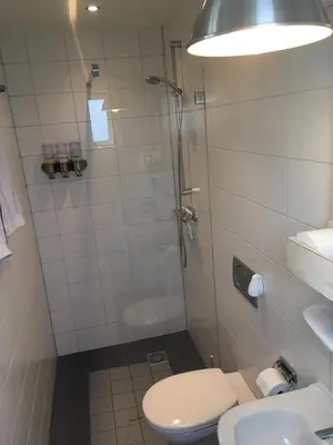 a bathroom with a shower and a toilet and a sink at Het Pulletje in Westzaan
