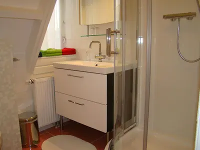 a bathroom with a sink and a shower at Pension Sissi in Zandvoort