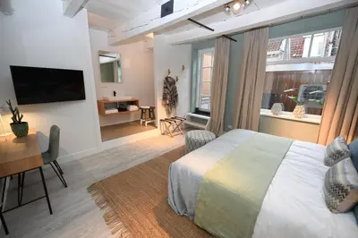 a bedroom with a bed and a desk and a television at Hotel 't Fnidsen in Alkmaar