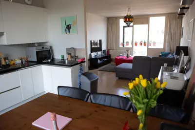 a kitchen and a living room with a table and chairs at Jacuzzi Amsterdam Center Apartment Sunny Top Floor in Amsterdam
