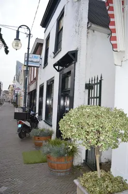 a white building with potted plants on a street at Rijnzicht in Alphen aan den Rijn