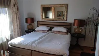a bedroom with a bed with a mirror and two lamps at Rijnzicht in Alphen aan den Rijn